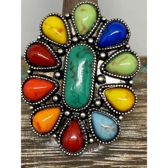 Western Flower Turquoise Multi Color Silver ring - Picture 7 of 11